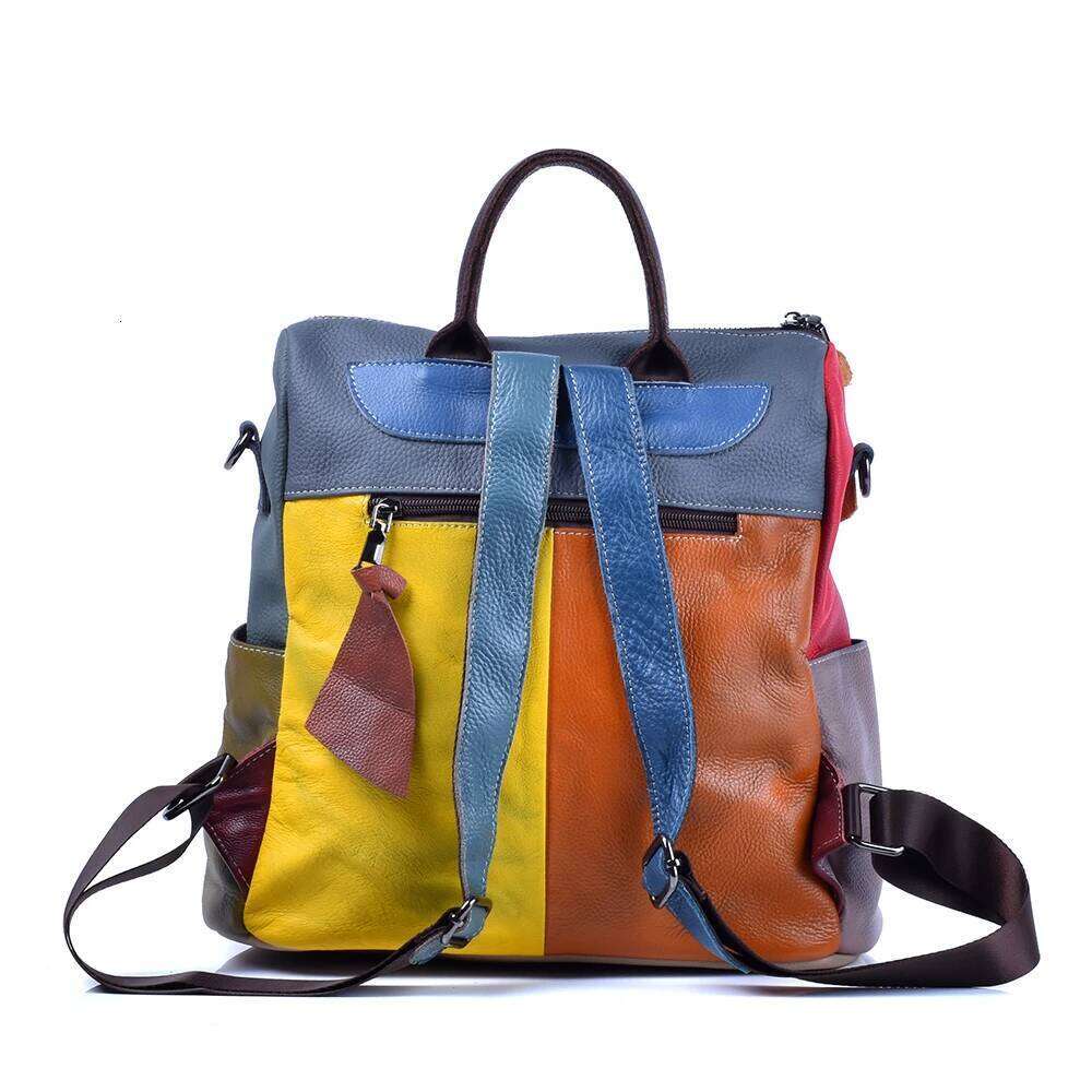 Genuine Leather Cowhide Women Backpack Colorful Vintage Clash Casual Handmade Women's Shoulder Bags