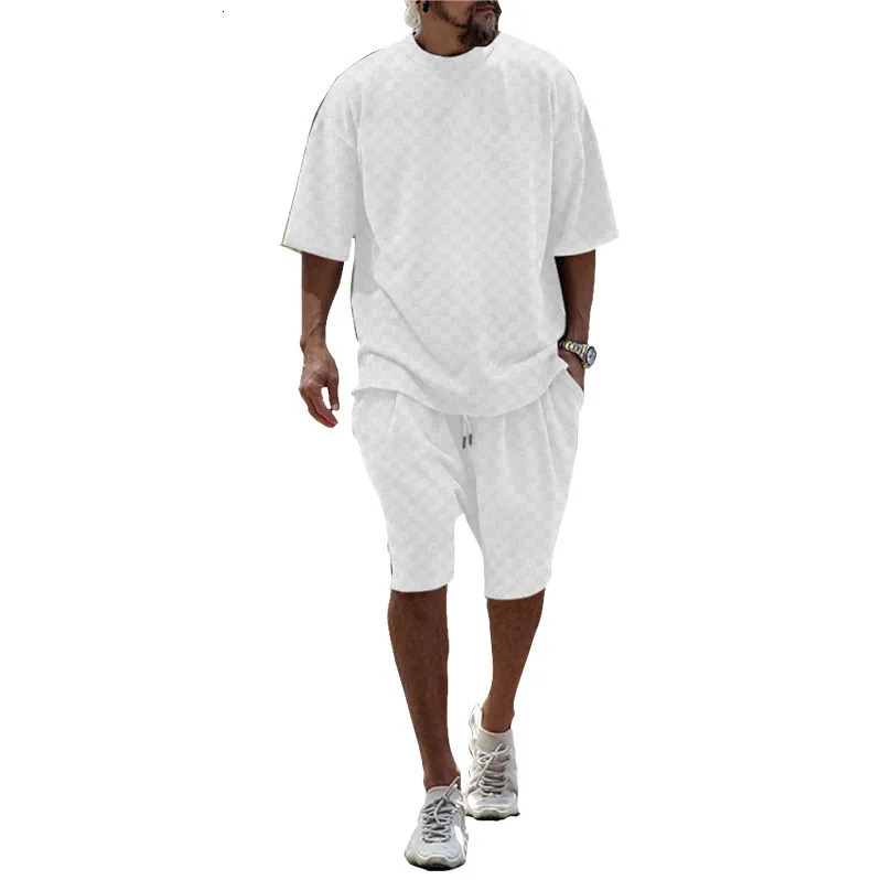 Cross-border Mens Summer Plaid Short Sleeve Loose Large Size Straight Casual Shorts Set 250617