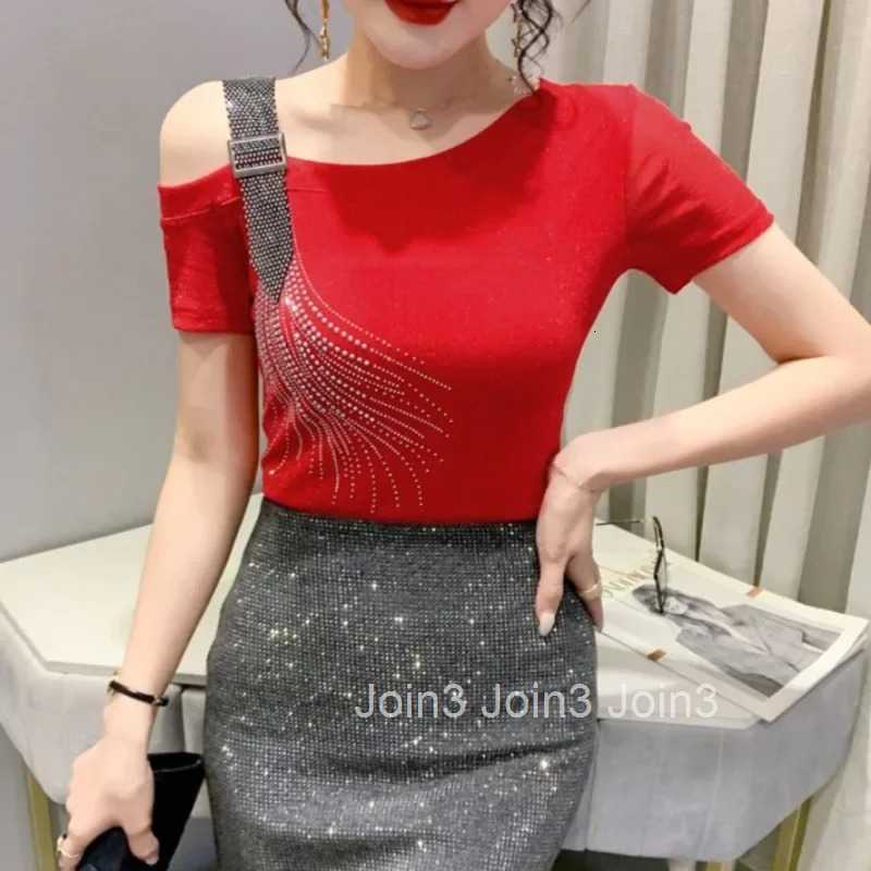 Off Shoulder Female Top Sequin Womens T-shirt Aesthetic Clothing Elegant Polyester Youthful Clothes Korean Streetwear Tee Y2k