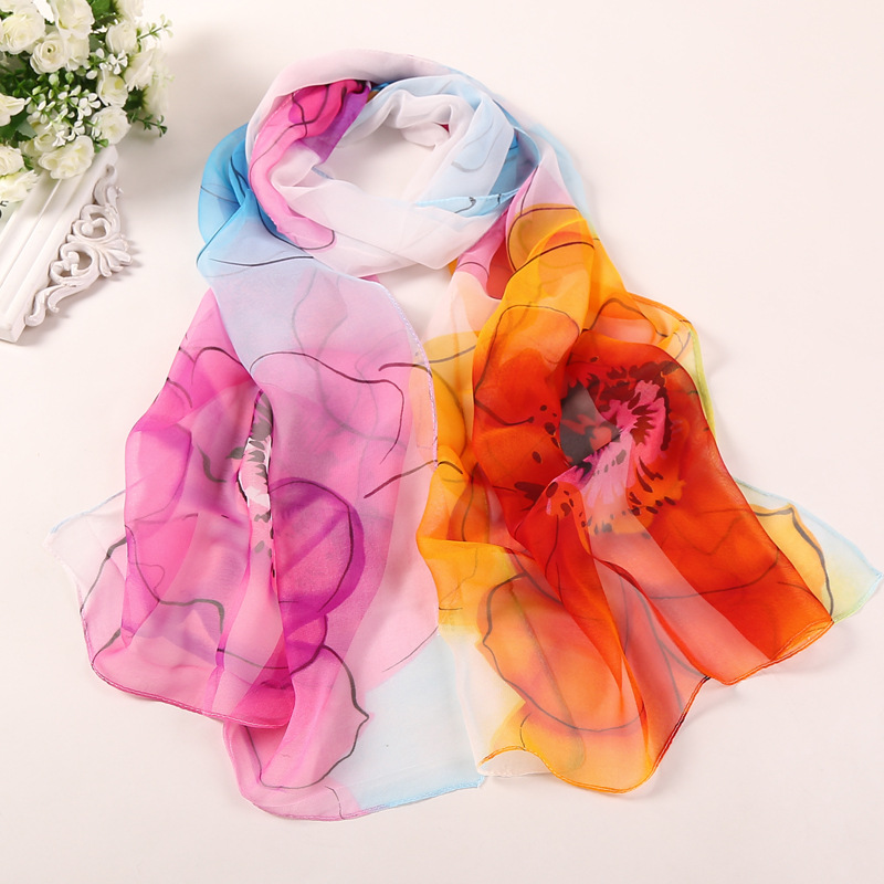 K1056 New women's georgette long silk scarf Yiwu small scarf autumn and winter gift scarf wholesale annual meeting red spider lily scarf
