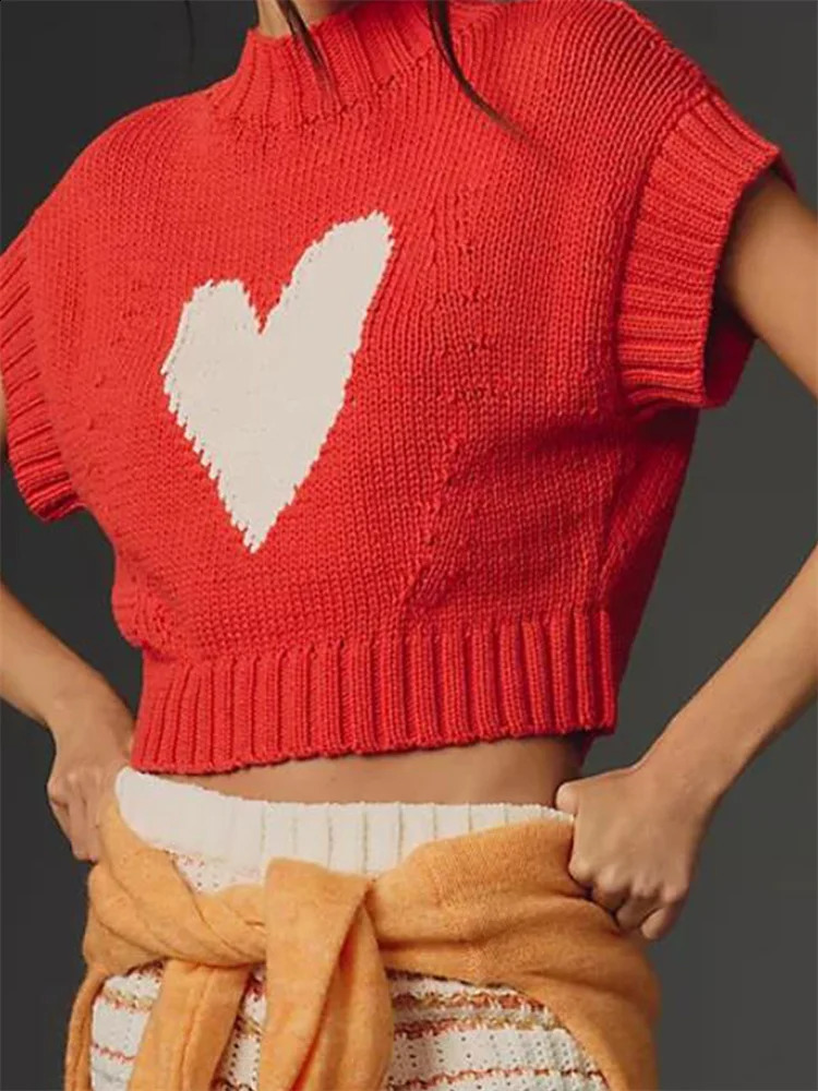 CHRONSTYLE Womens Short Sleeve Sweaters Heart Pattern High Neck Crop Knitted Pullovers Tops Casual Streetwear Party Jumpers 250614