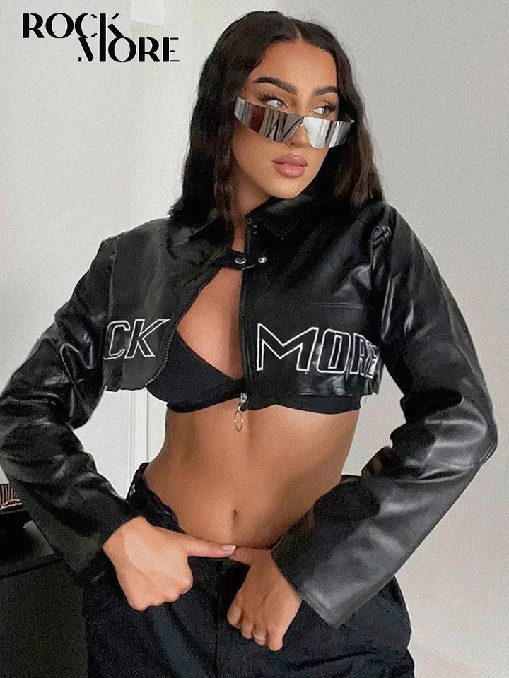 Rockmore High Street PU Cropped Jackets Women Leather Moto Biker Fashion Zipper Up Short Coats Autumn Long Sleeves Outerwear 250613