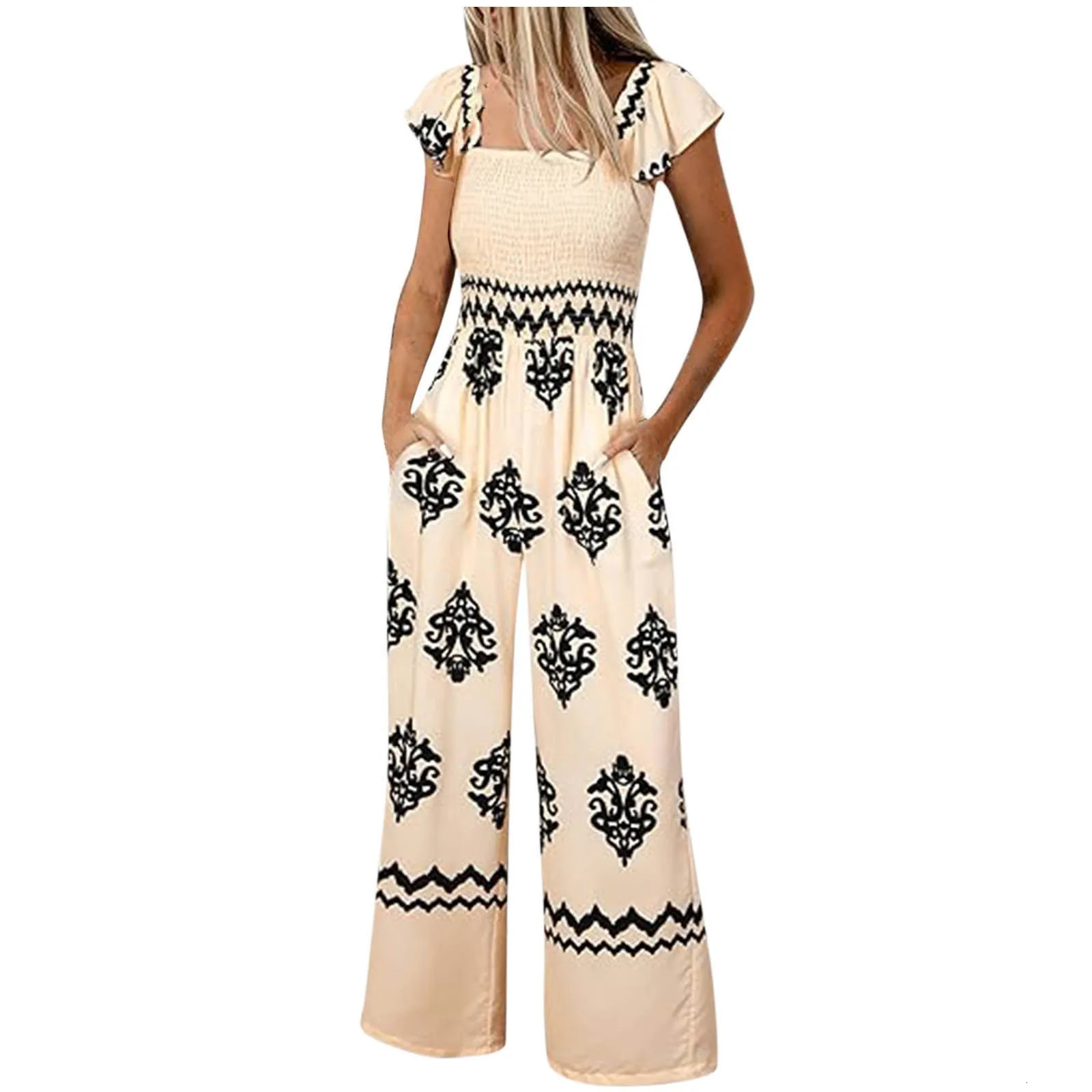 Womens Jumpsuit Bohemian Print Casual High Waist Wide Leg With Pocket for Women Jump Suit Overall 250617