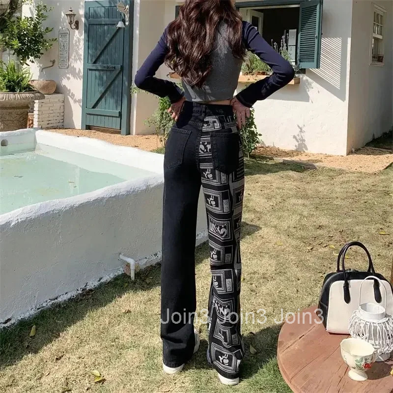 Womens Jeans Straight Leg High Waist Shot With Pockets Print Graphic Pants For Woman Pattern Trousers Black Trend Unique Xxl A