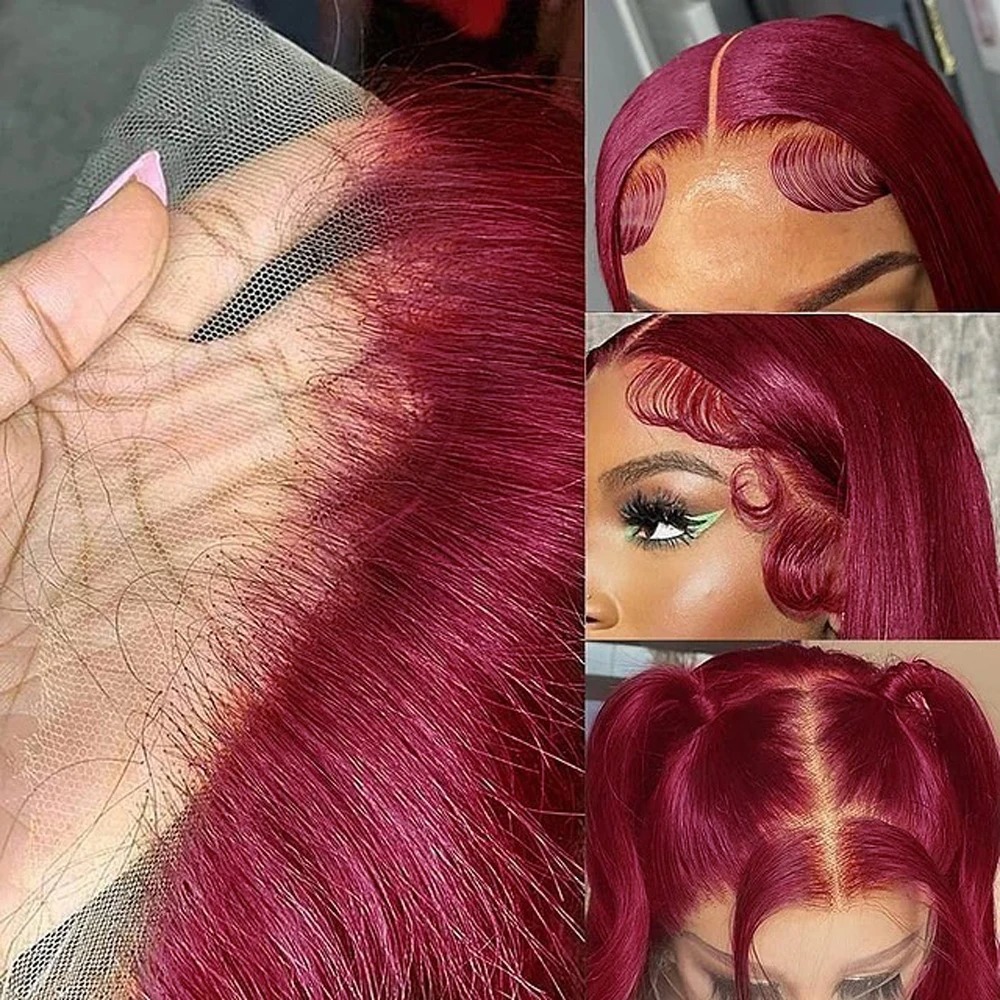 99j Burgundy Hd Human Hair Lace Frontal Wig 13x4 Brazilian Bone Straight Red Colored Lace Front Human Hair Wigs 30 40 Inch Synthetic For Women