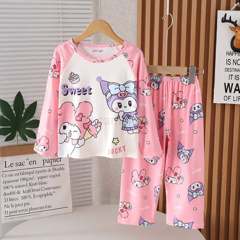Sanrio 2024 New Spring And Autumn Sanrio Kuromi ChildrenS Pajamas Long Sleeve ChildrenS Cartoon Round Neck Cartoon Melody SetXJ250618XJ250618