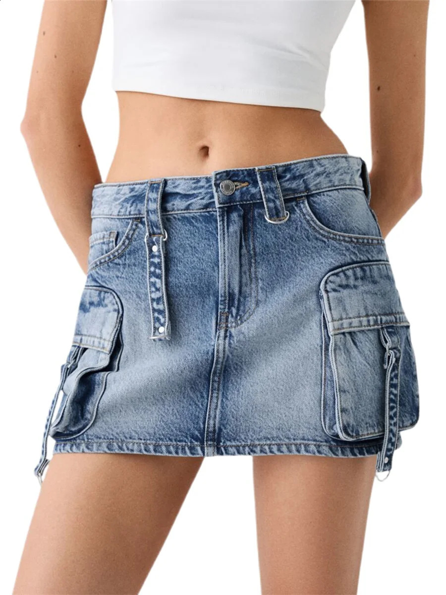 Women s High Waisted Denim Cargo Skirts with Side Pockets and Belt Loops Stylish Aline Mini for Casual Streetwear 250610A