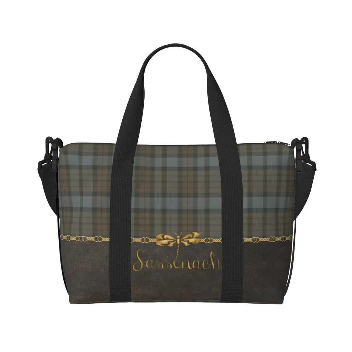 Custom Leather And Tartan Sassenach Dragonfly Pattern Tote Bag Large Capacity Modern Plaid Check Texture Gym Beach Travel Bags W250618