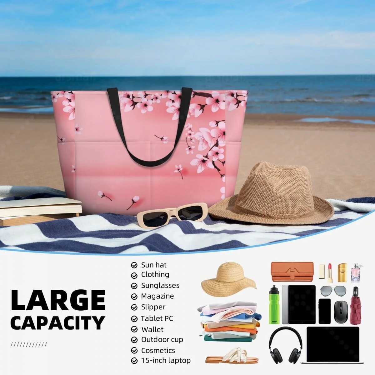 Japanese Sakura Branch Travel Tote Bag Large Sandproof Beach Bag with Zipper and Pockets for Wens Brother Gym and Travel B250618