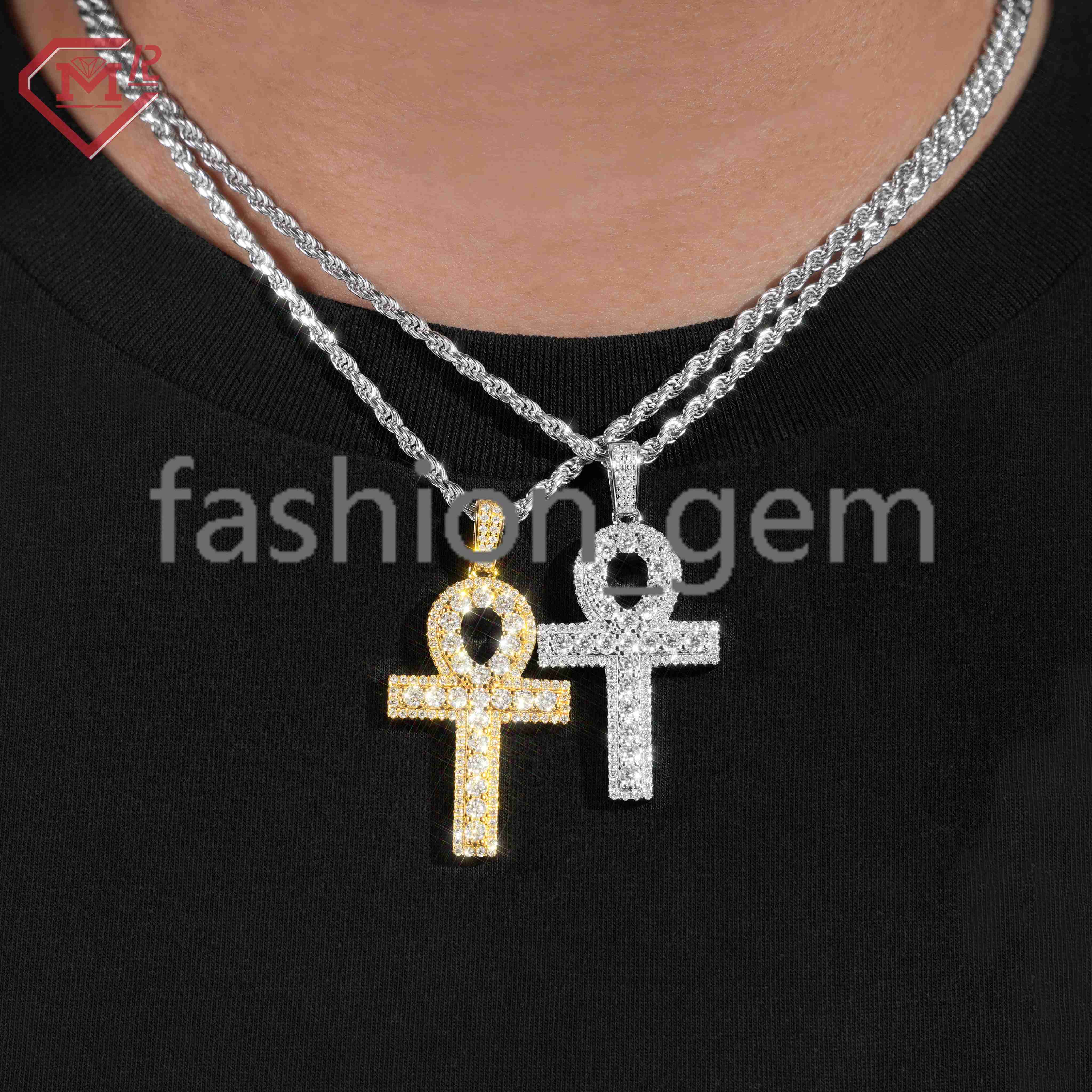 Fully Iced Out Custom Moissanite Pendant Ankh Cross Silver 925 Gold Plated Moissanite Pendant