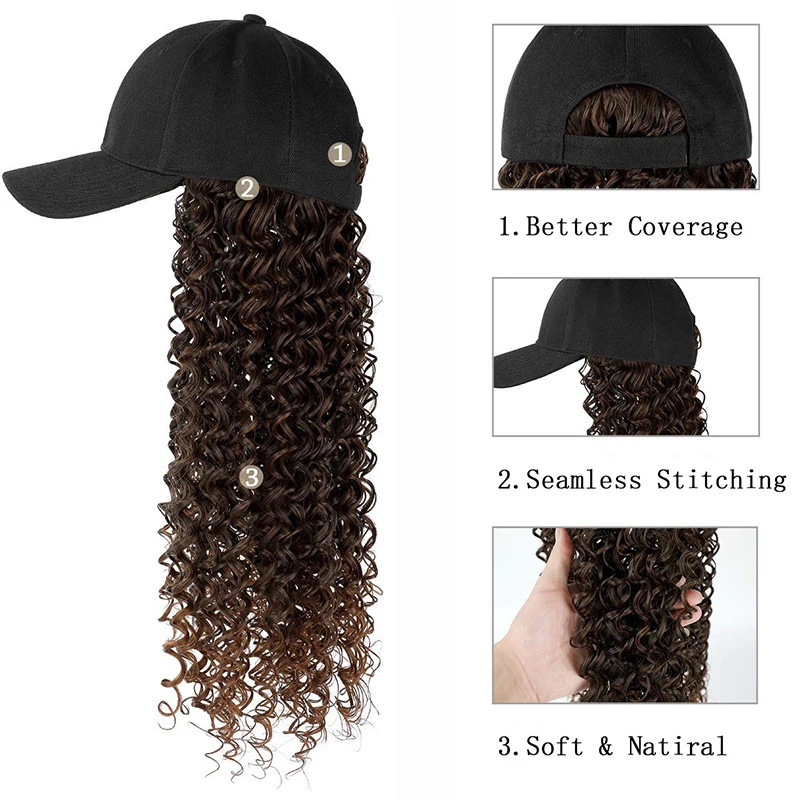Afro-Style Long Curly Black Baseball Cap Wig All-in-One Small Spiral Noodle Curls Natural-Looking Synthetic Wig - In Stock
