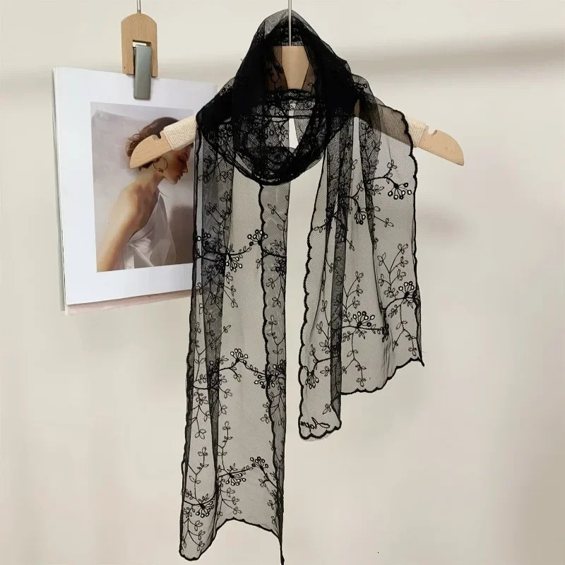 Summer 1PC Women Lace Long Scarf Embroidered Flower Long Silk Female Korean Version Literary Retro Versatile Decorative Shawl 250618
