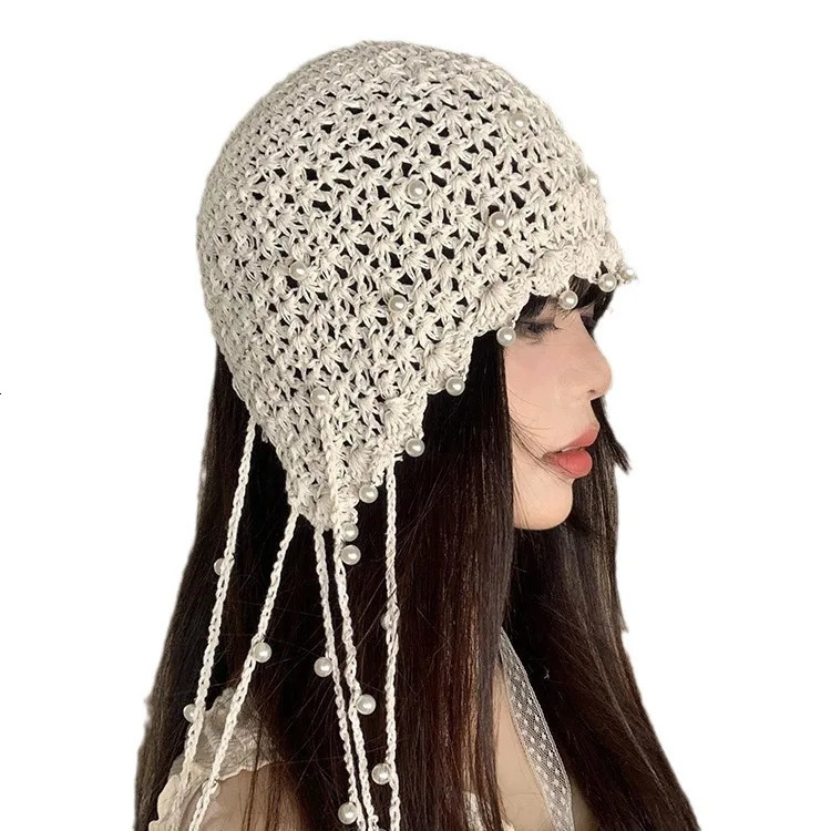 Lace-Knit Pearl Fringed Beanie Hat for Women - Ethnic Summer Crochet Pull-On Cap in Vintage Style 250618