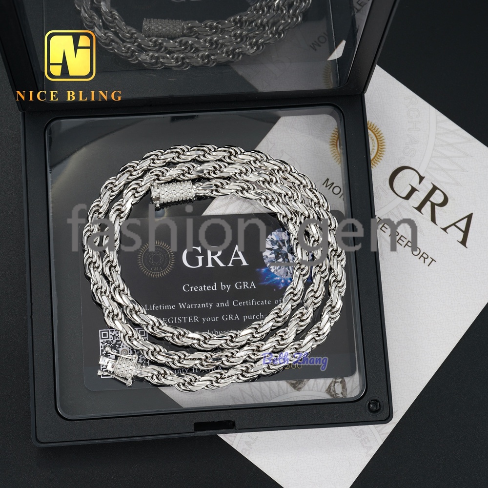 VVS Moissanite Clasps Sterling Silver Rope Chains18k Gold Plated Hiphop Fashion Men Women 6mm Moissanite Rope Chain