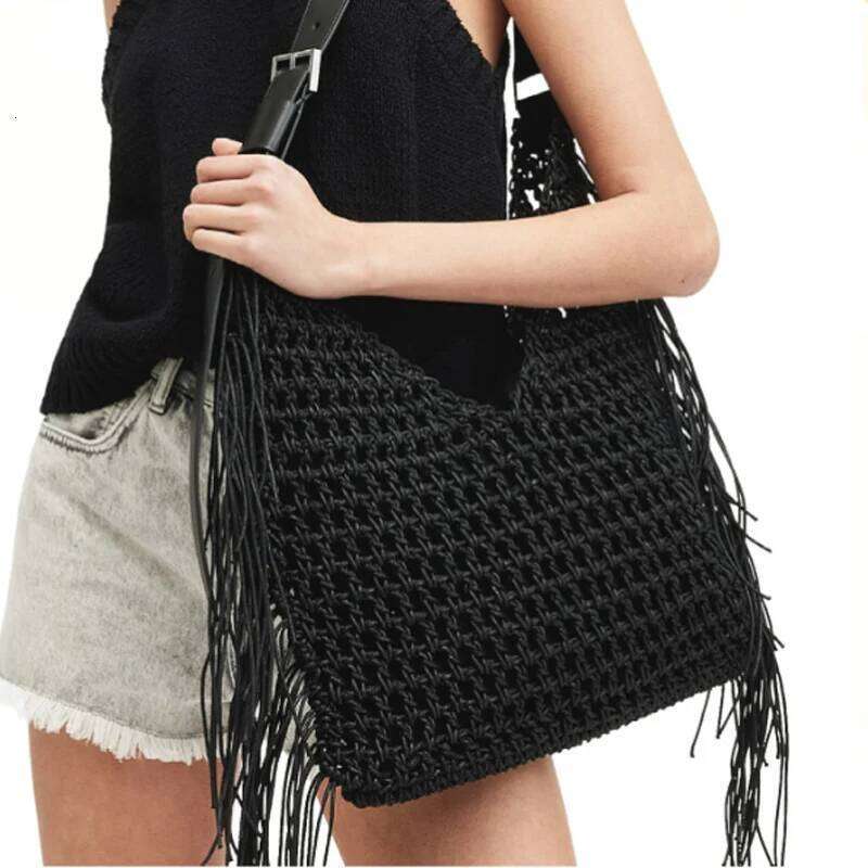 2025 New Woven Hollow Women's Handbag Shoulder Fashion Tassel Large Capacity Tote Bag