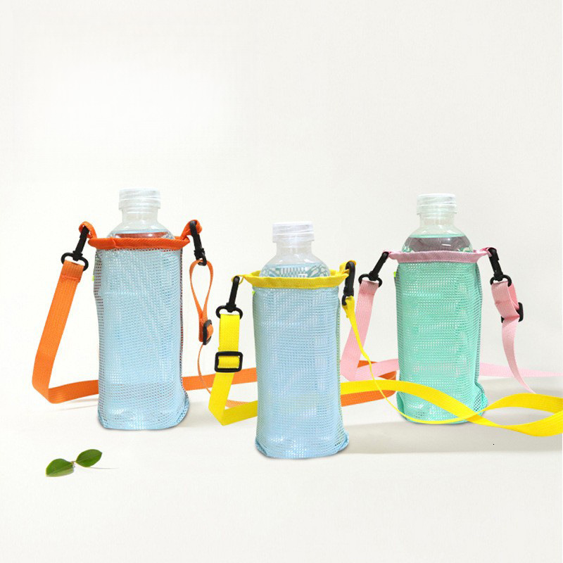 Outdoor Crossbody Water Bottle Pouch Mesh Shoulder Strap Travel Portable Drink Milk Tea Storage Bag
