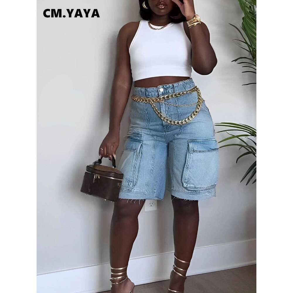 Wear Cm.Yaya Women Fashion Pocket Side Straight Knee Length Cargo Jeans Summer Party Street Short Pants