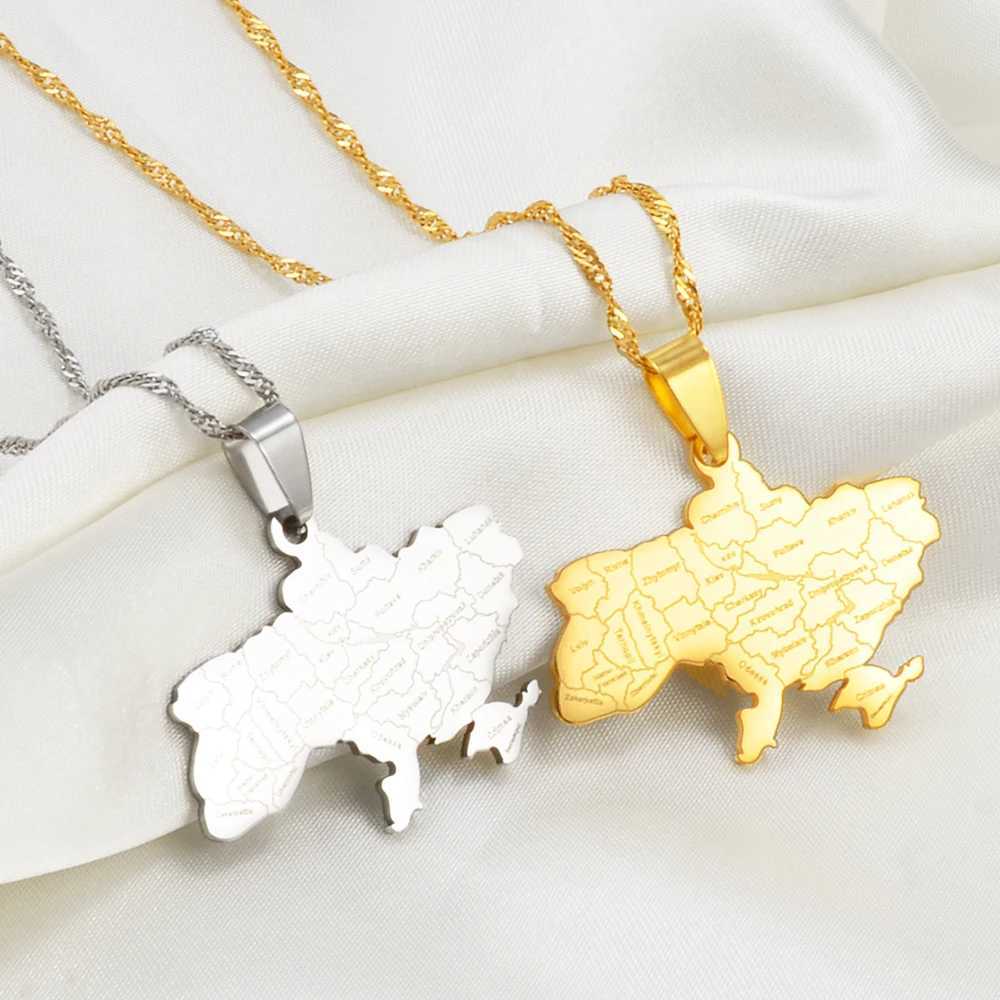 Anniyo Ukraine Map Pendant Necklace Ukrainian Jewelry With Water Wave Chain for Women Girls # 273221 W250618