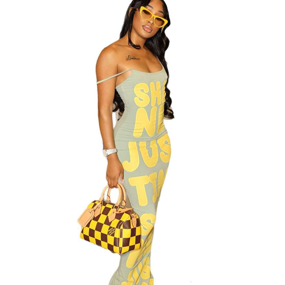 Summer Sexy Hot Girl Letter Print Slim Fit Strap Sleeveless Long Dress For Women B5