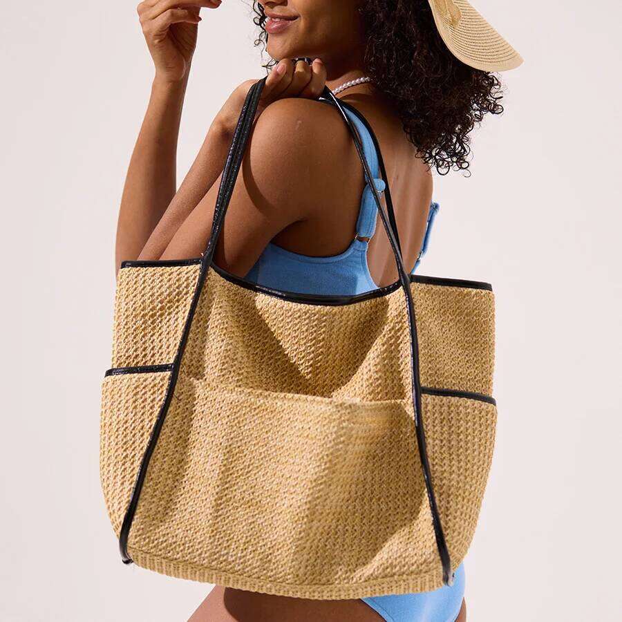 Casual Large Capacity Tote Bag PP Straw Women Shoulder Bags Weave Sumnmer Beach Handbags Multiple Pockets Big Bali Shopper Purse
