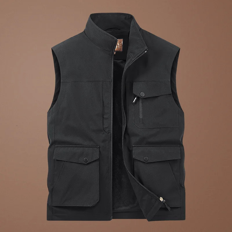 Mens Thin Tooling Loose Quick Drying Vest Mens Outdoor Sports Coat Multi Pocket Stand Collar Vest Spring Camping Fishing Vest 250617