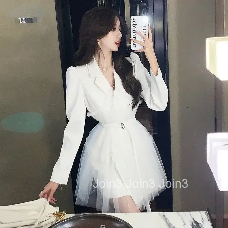 Splicing Female Dress Black White Elegant and Pretty Casual Youth One Pieces Korean Style Aesthetic Womens Long Sleeve Dresses