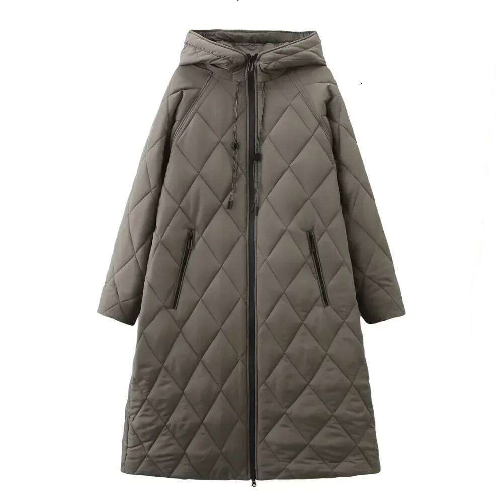 Winter New Women's Clothing Dia Grid Hooded Sleeved Loose Cotton Coat Long Jacket