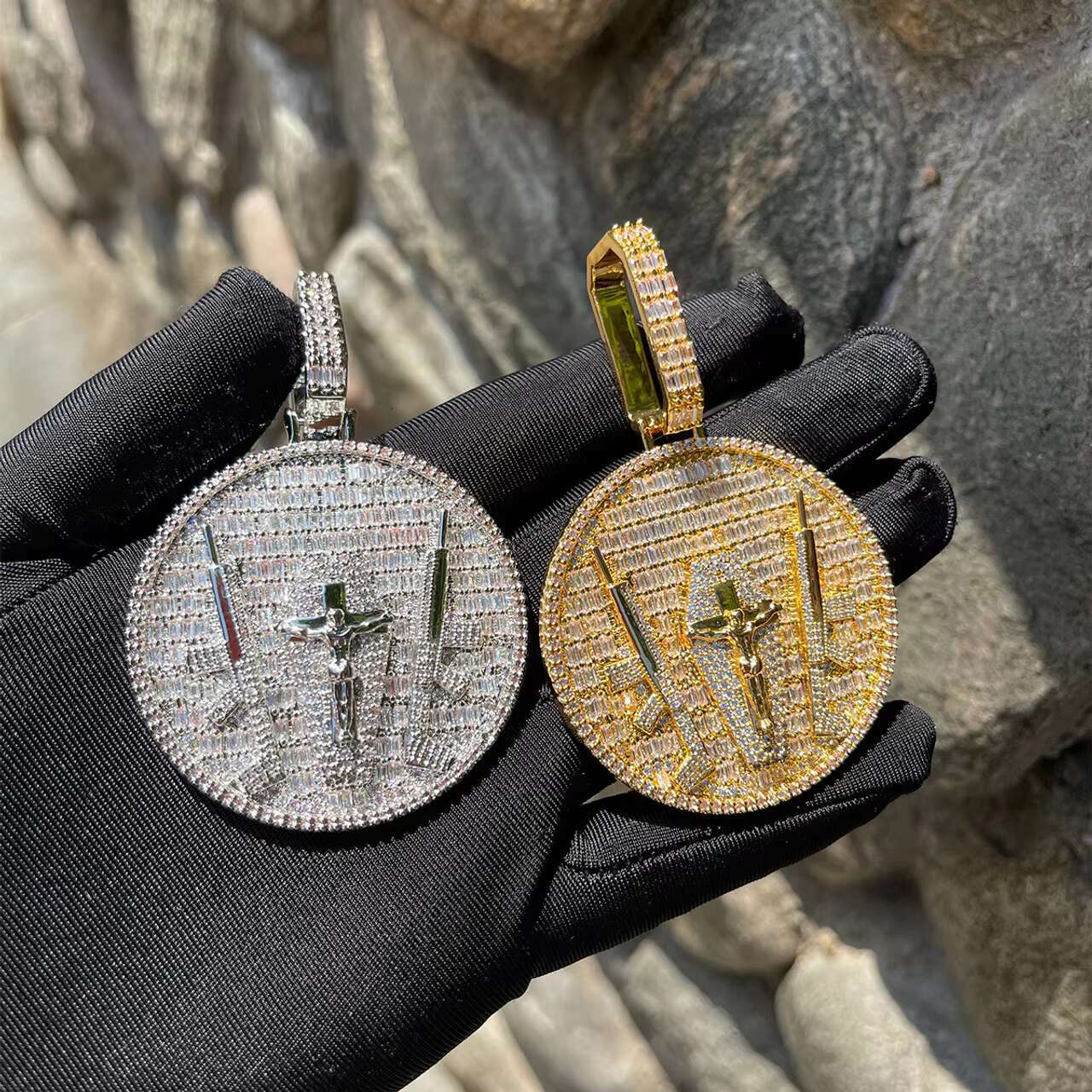 Trendy 24K Jesus Piece God of Protection with Ultimate Weapon Christian Cross Moissanite Pendants Charms