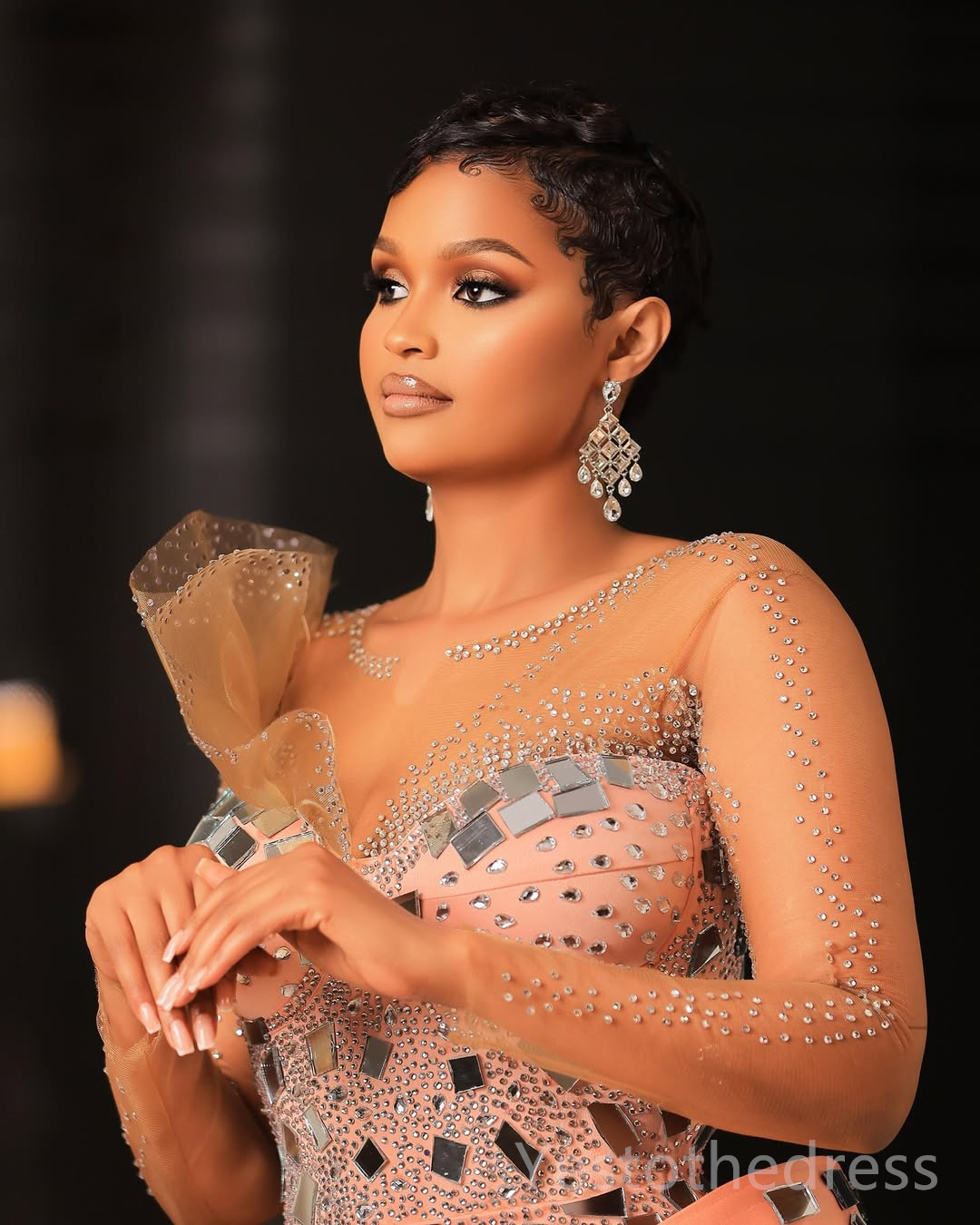 2025 Plus Size Watermelon Aso Ebi Prom Dress Mermaid Prom Dresses Evening Formal Gowns Sheer Neck Long Sleeves Crystals Birthday Dress Second Receptio