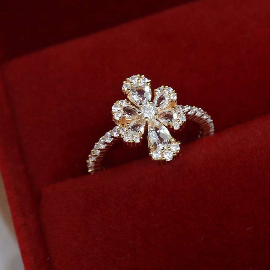 New Fashion OL Personality Flower Light Luxury Goddess Temperament Zircon Versatile Open Ring