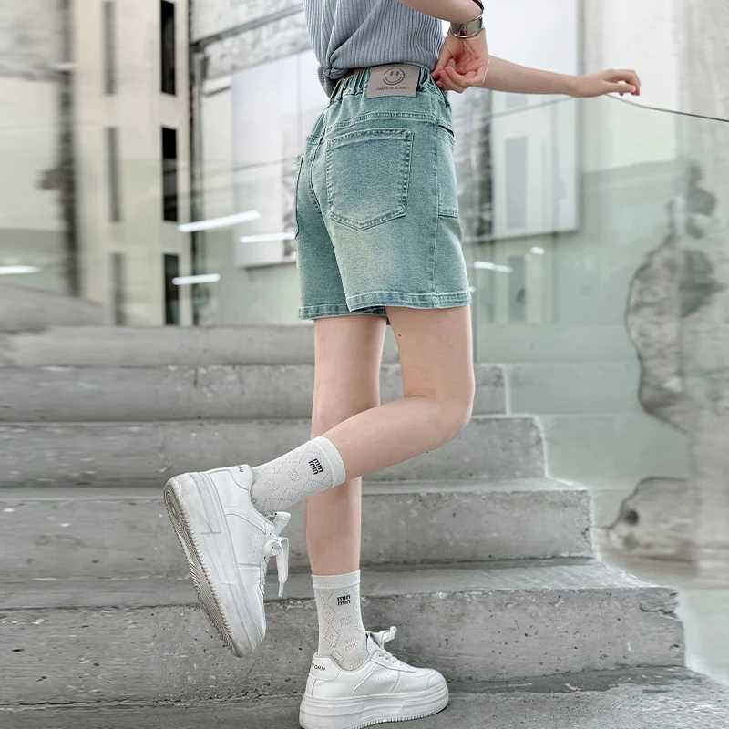 Girls summer front pocket design shorts 2025 new thin fashion jeans casual sports shorts 5-15 years oldC250617
