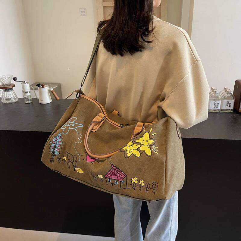 colorful cartoon graffiti pattern womens boston travel clothes bags large capacity shoulder duffle bag canvas crossbody handbag