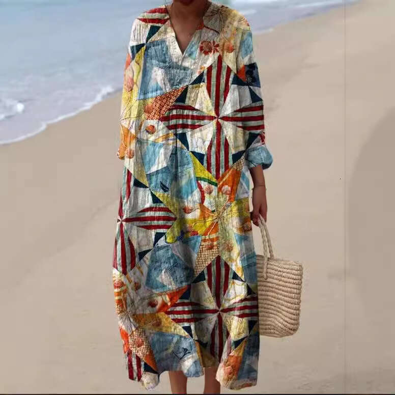 New Autumn Plus Size V-Neck Creative Casual Loose Long Sleeve Dress B5