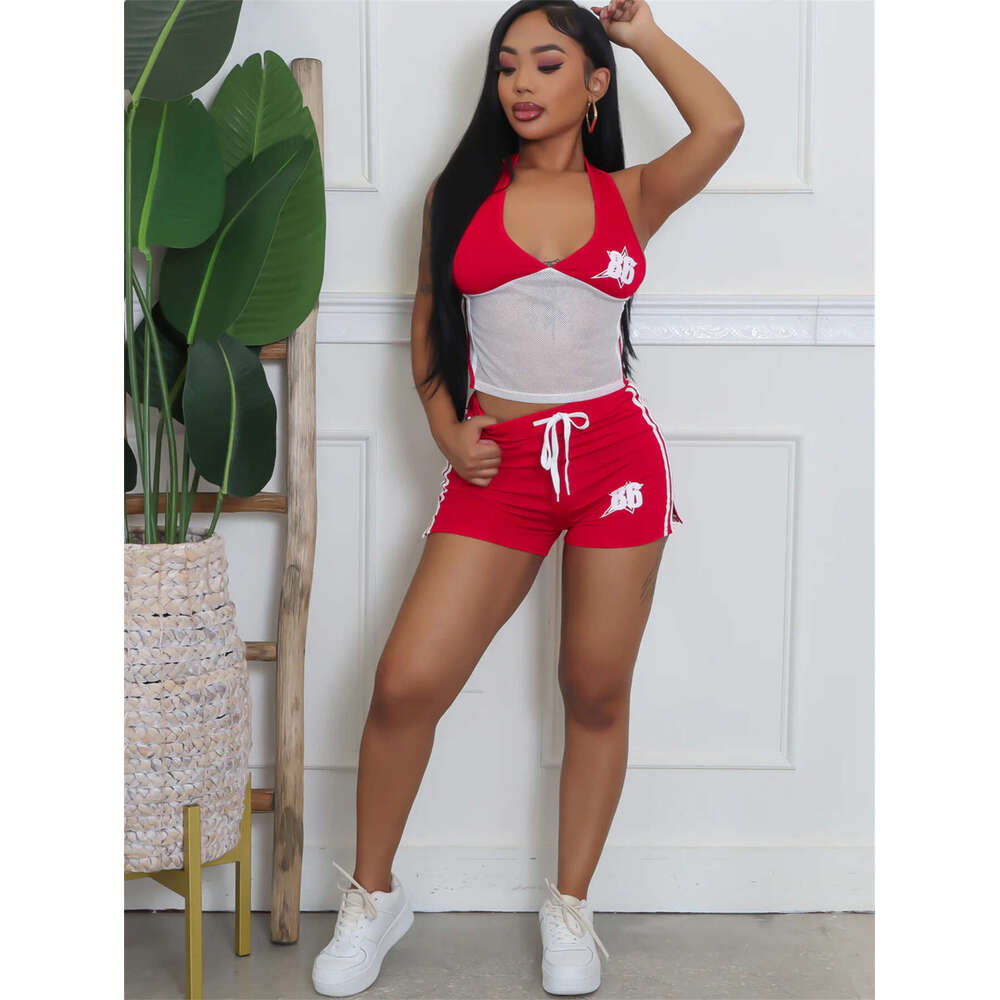 Summer New Women's Sexy Hot Girl Printed Backless Halter Neck See-Through Hollow Out Tube Top Shorts Set B5