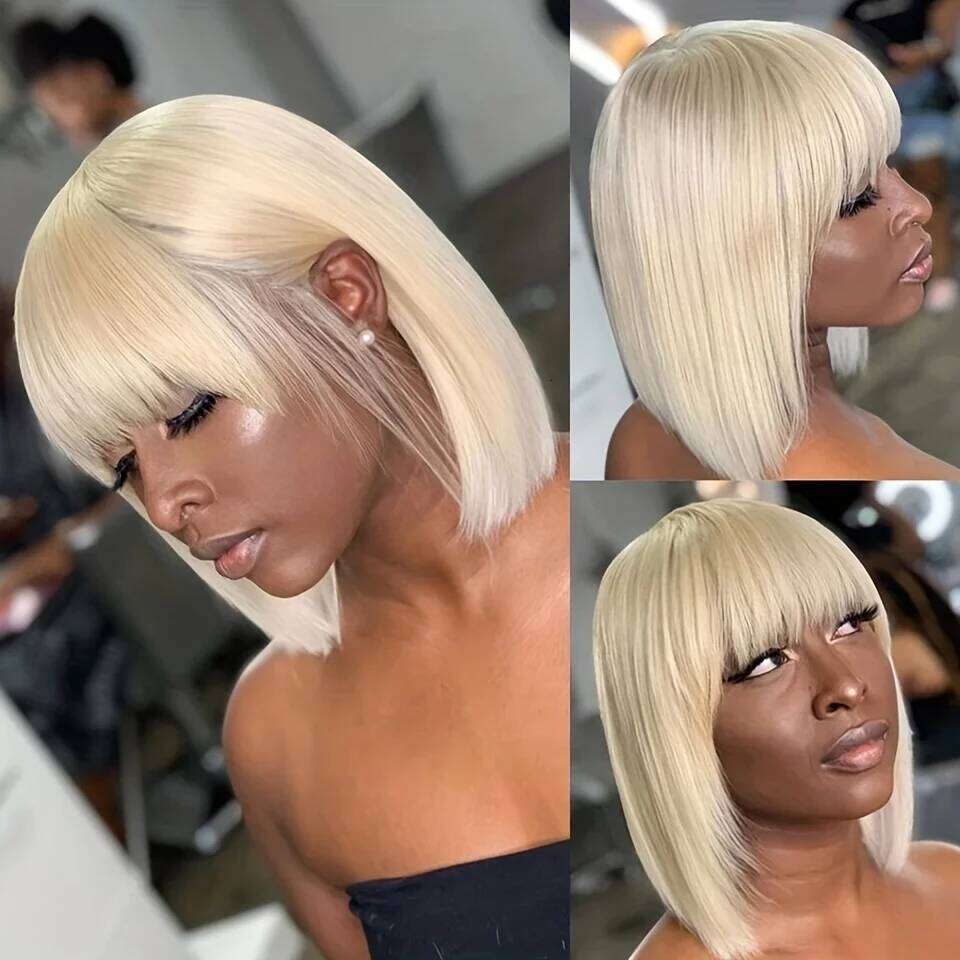 613 Blonde Wig Bangs Straight Hair with Fringe Brazilian Full hine Made Bob Human hair Wigs