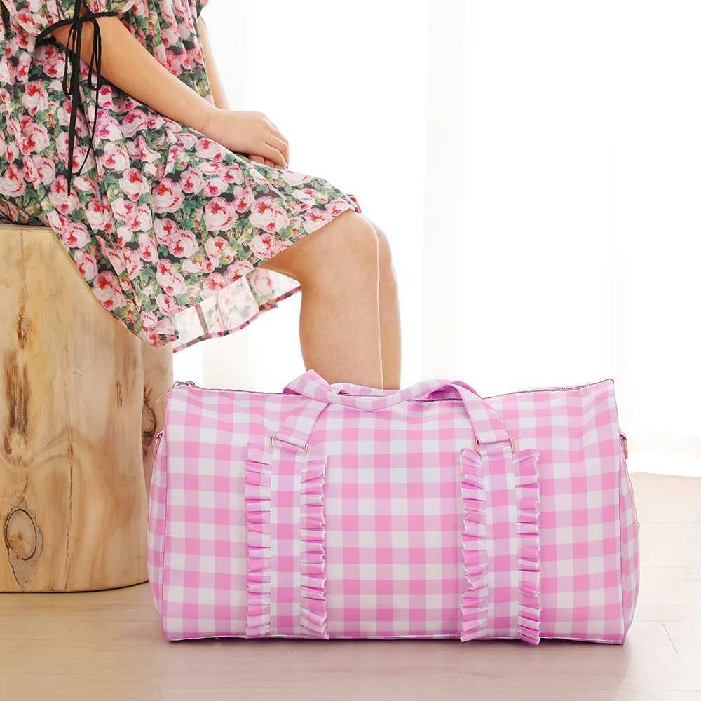 Nylon Duffel Bag Women Ruffle Duffle Gingham Weekend Sports Overnight Travel Vacation Gift Stripe Detachable Adjustable Strap W250618