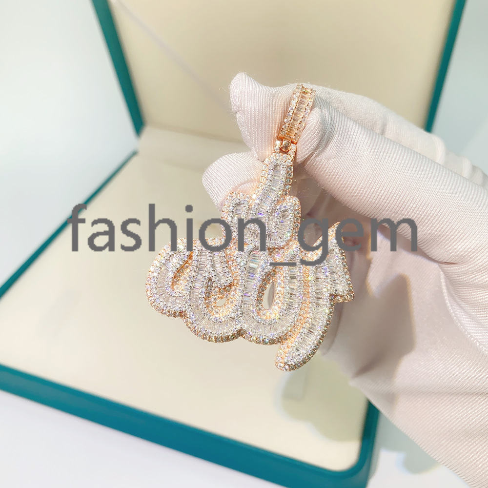 14k Rose Gold Plated Sterling Silver Hip Hop Men Vvs Moissanite Diamond Iced Out Allah Pendant
