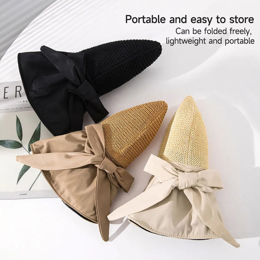 UPF 50+ Black Coating & Bow Sun Hat Women Summer Outdoor Sun Protection Wide Brim Hat Foldable Bucket Hat Beach Cap Fold Fisherman Cap Quick Dry Straw