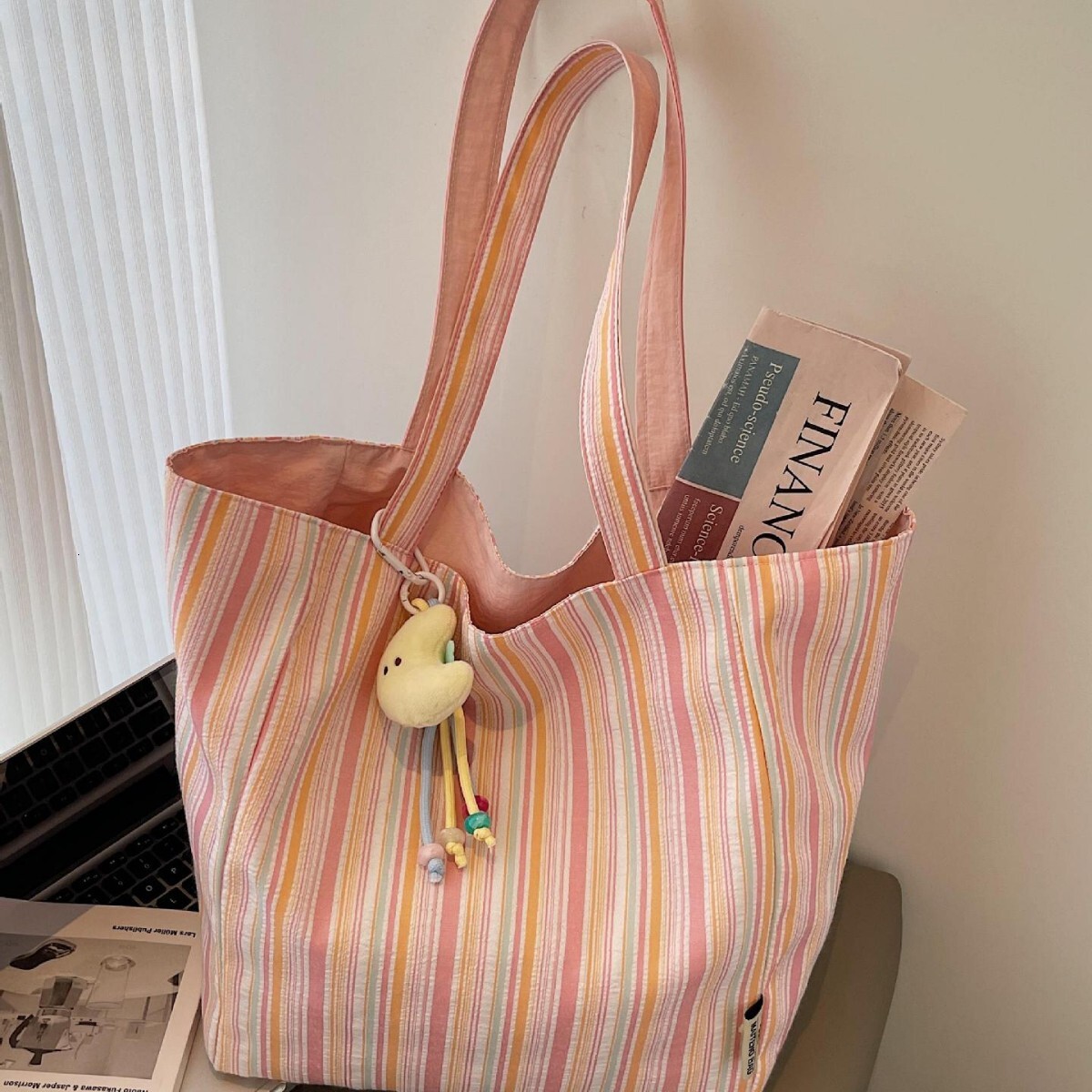 Free shipping designer Commuting Lazy Style Double-Sided Canvas Bag for Women 2025 New Color-Block Striped Tote Bag Large Capacity Shopping Bag