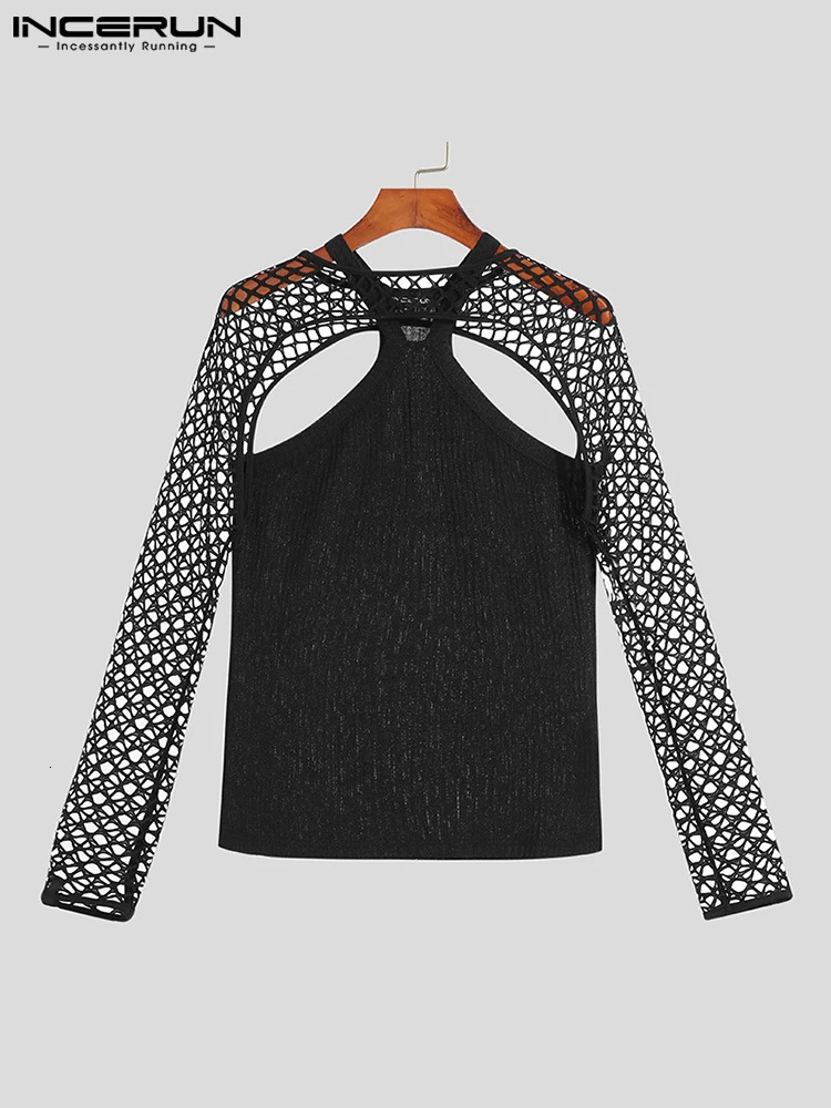 INCERUN Fashion Men T Shirt Sexy See Through Mesh Hollow Two Pieces Sets Tops Streetwear Party Nightclub Men Clothing S-5XL 250617