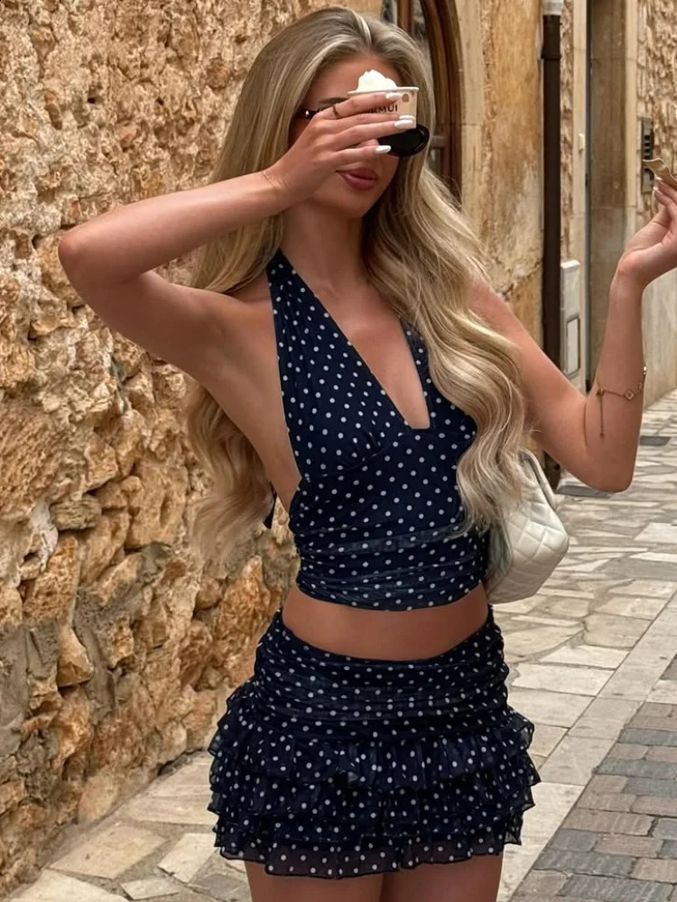 Sexy Polka Dot V-neck Halter Vest Set For Women Chic High Waist Ruffle Hem Mini Skirt Suit Summer Holiday Beach Outfit 250617