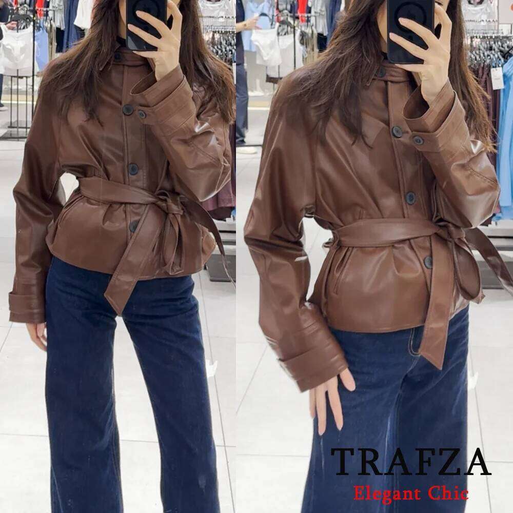 TRAFZA Women Stylish Imitation Leather Short Trench Coat With Belt 2025 New Spring Fall Fashion Commuter High Street Jacket