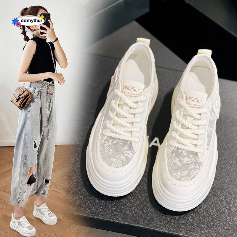 Genuine Leather White Sneakers for Women New Style Single Mesh Breathable Thick Sole Height Increasing Sports Casual Versatile Platform Shoes ddmythur