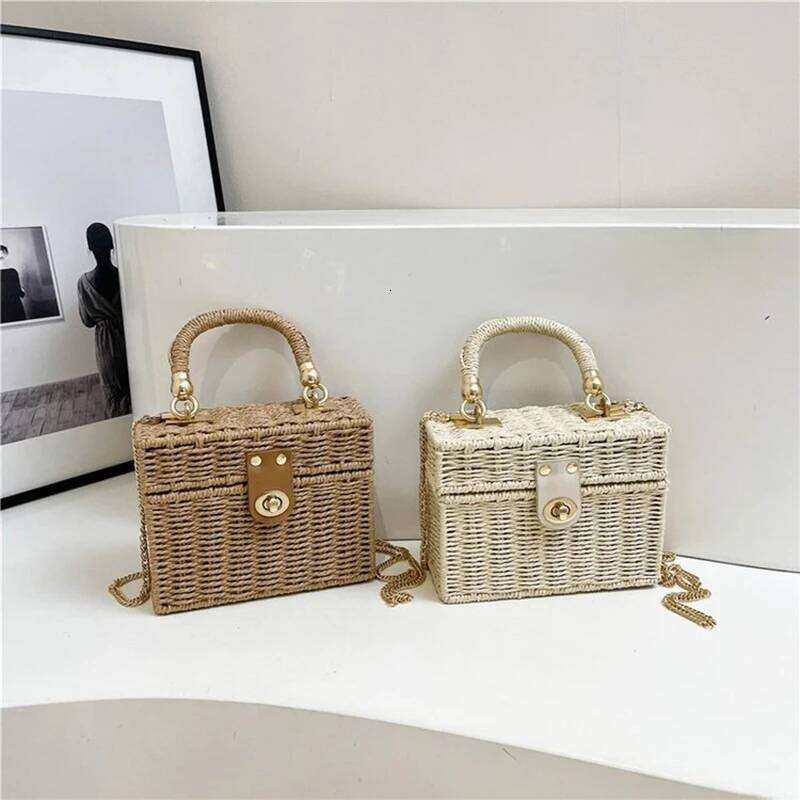 Rattan Straw Shoulder Bag Women Boho Hand-Woven Basket Messenger Pouch Summer Beach Square Box Top-handle Handbag for Lady
