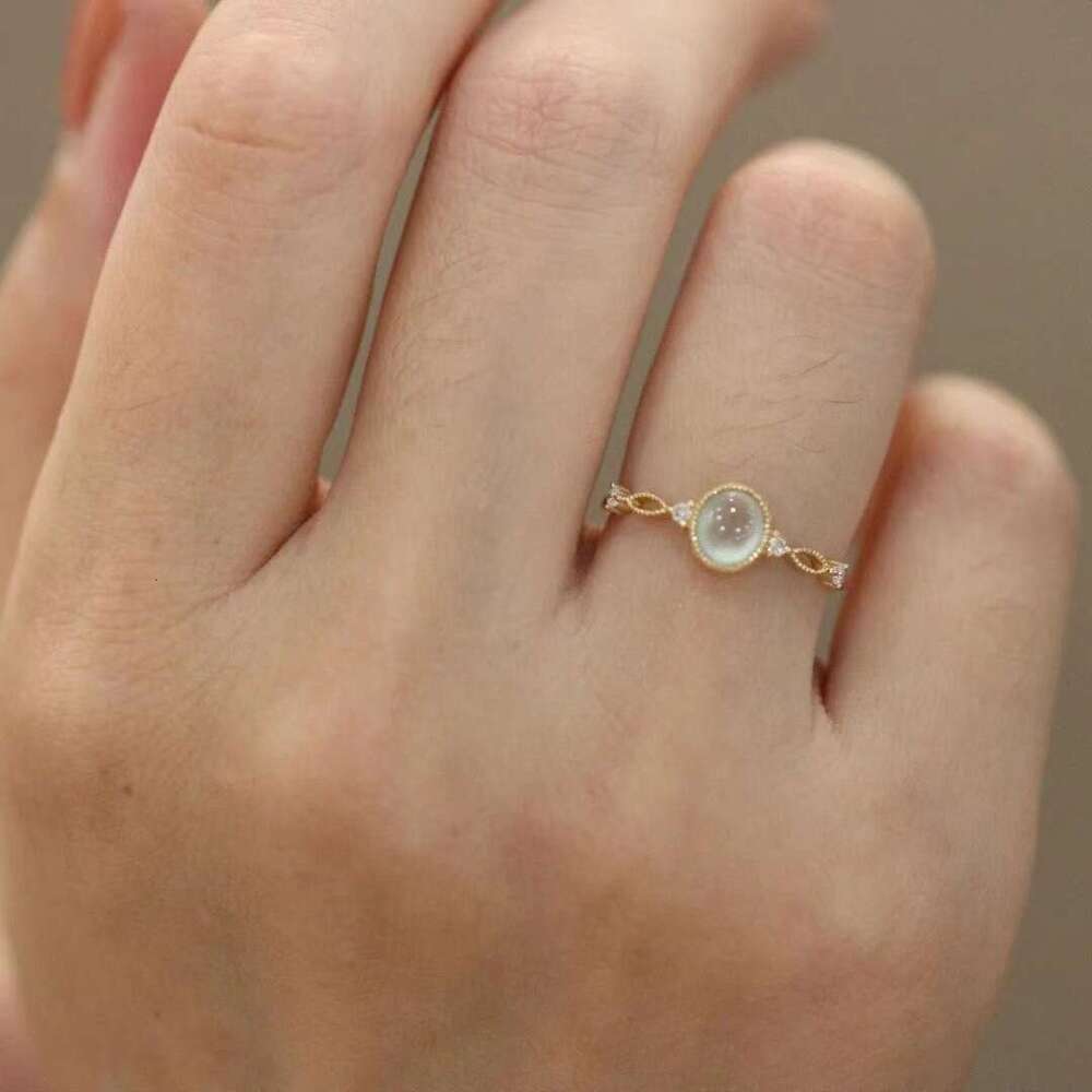 New Trendy Live Streaming Imitation Ice Jade Natural Chalcedony Inlaid with Small Diamond Dewdrop Open for Women Light Luxury Simple Ring