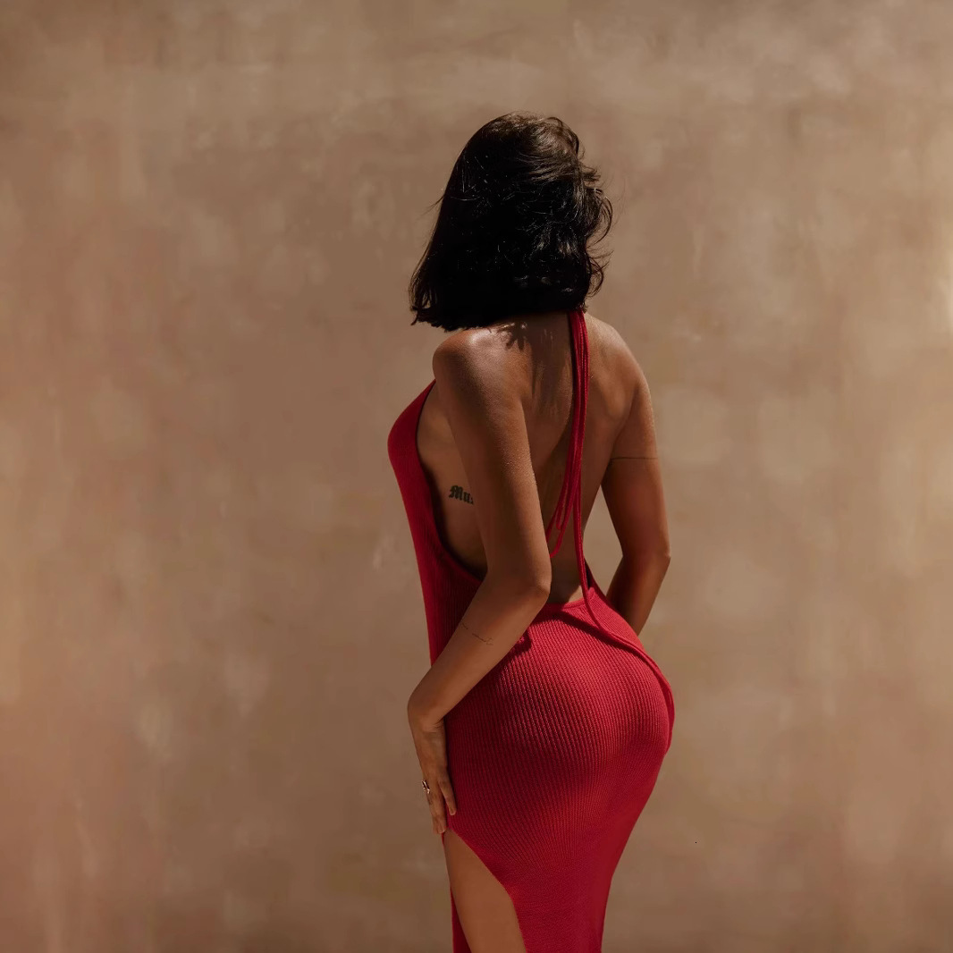 2025 Vacation Beach Dress New Sexy Hot Girl Knitted Dress Slim Fit Split Strap Dress for Women