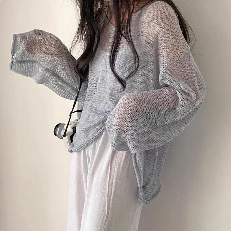 Women Hollow Out Sexy Loose Shirts Knit Lantern Sleeve Casual Tops Beach Mesh Chic Tees For Women Autumn Winter 250614