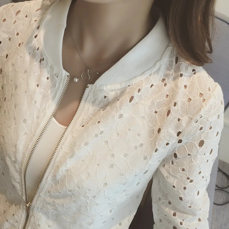 Women SpringAutumn Cotton Lace Hollow Out Sport Jacket Long Sleeve Thin Sunscreen Outerwear Short Style Breathable Bomber Coats 250617