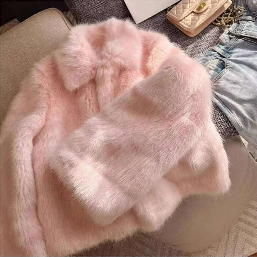 Winter CUTE Pink Turn down Lapel Hairy Shaggy Faux Fur Coat Women Covered Buttons Full Sleeve Furry Warm Jacket Short Outerwear