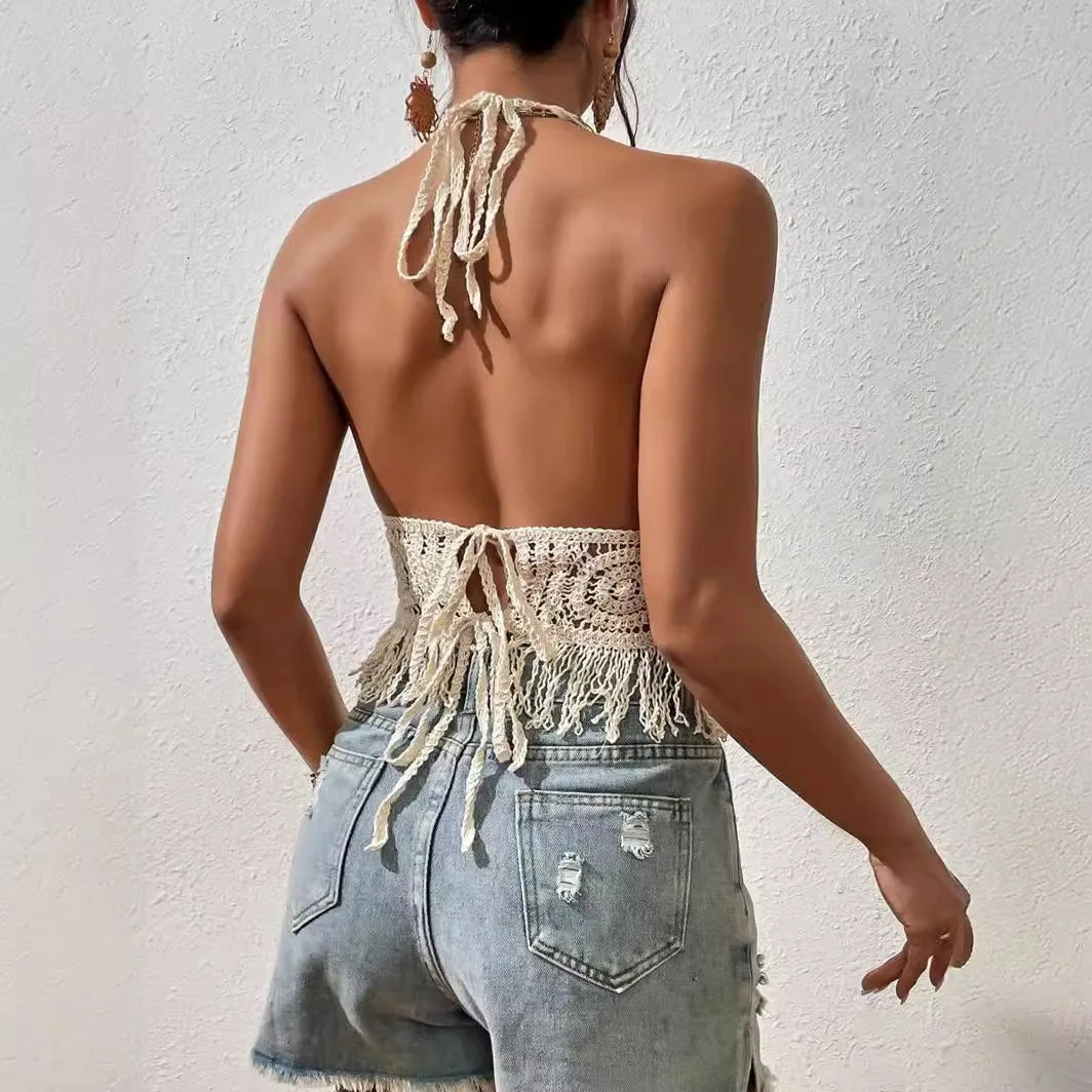 Women Summer Beach Boho Crop Tops Sexy Y2K Knitted Backless Hollow Out Tank Tops Crochet Tassels Hem Halter Bras Bustier Top 250617
